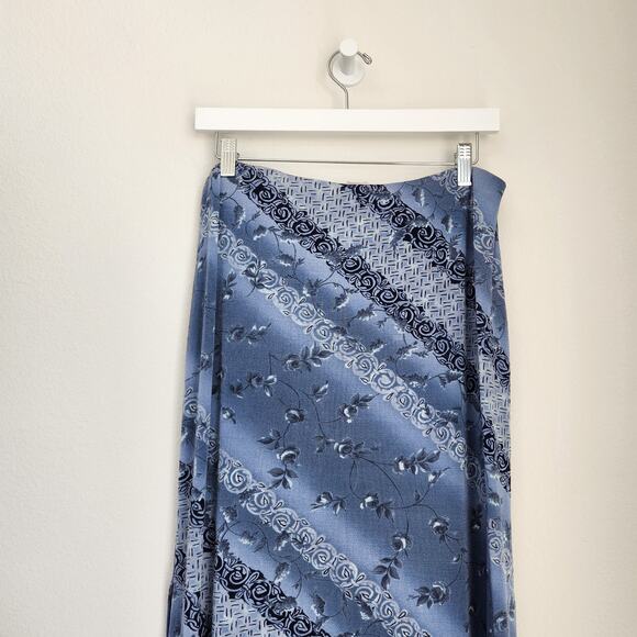 Vintage 90s Blue Floral Striped Maxi Skirt Pull On Side Hem Split M - Picture 10 of 13